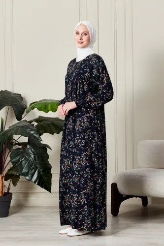 Büzgü Robadan Önü Düğmeli Viskon Kumaş Tessetür Giyim Anne Elbisesi Namaz Elbisesi-dal ve çiçek desenli lacivert - 3
