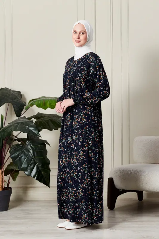 Büzgü Robadan Önü Düğmeli Viskon Kumaş Tessetür Giyim Anne Elbisesi Namaz Elbisesi-dal ve çiçek desenli lacivert - 3