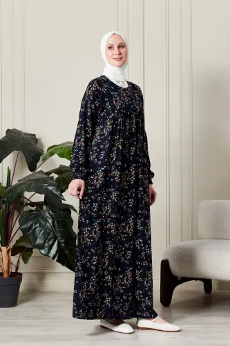 Büzgü Robadan Önü Düğmeli Viskon Kumaş Tessetür Giyim Anne Elbisesi Namaz Elbisesi-dal ve çiçek desenli lacivert - 4