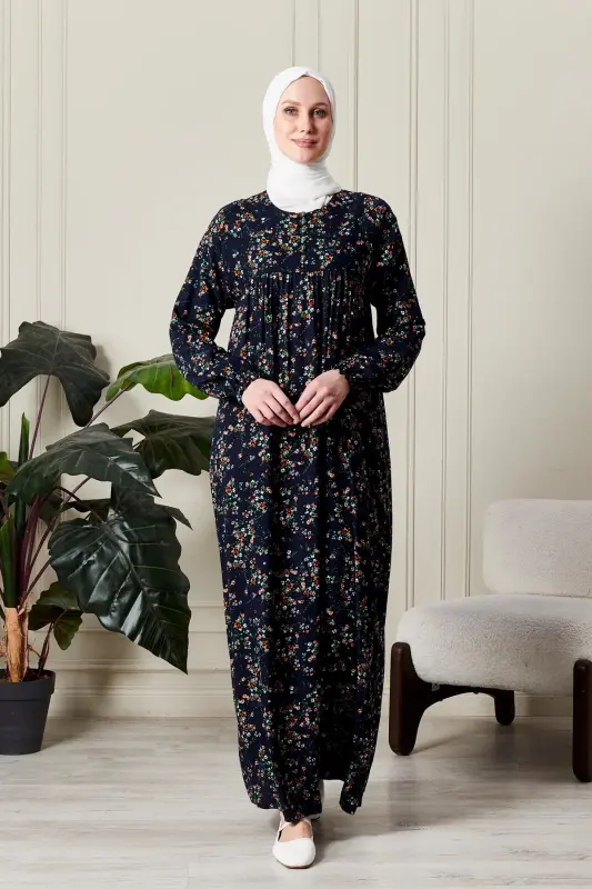 Büzgü Robadan Önü Düğmeli Viskon Kumaş Tessetür Giyim Anne Elbisesi Namaz Elbisesi-dal ve çiçek desenli lacivert - 5