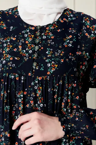 Büzgü Robadan Önü Düğmeli Viskon Kumaş Tessetür Giyim Anne Elbisesi Namaz Elbisesi-dal ve çiçek desenli lacivert - 7