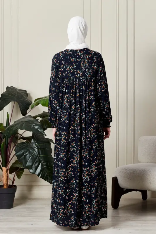 Büzgü Robadan Önü Düğmeli Viskon Kumaş Tessetür Giyim Anne Elbisesi Namaz Elbisesi-dal ve çiçek desenli lacivert - 8