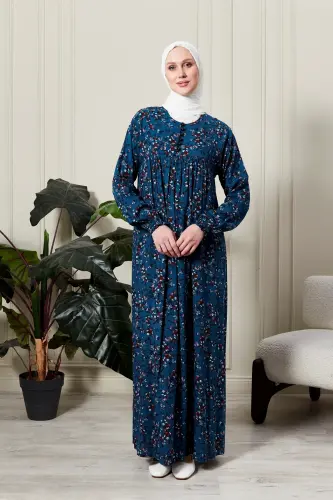 Büzgü Robadan Önü Düğmeli Viskon Kumaş Tessetür Giyim Anne Elbisesi Namaz Elbisesi-dal ve çiçek desenli mavi 