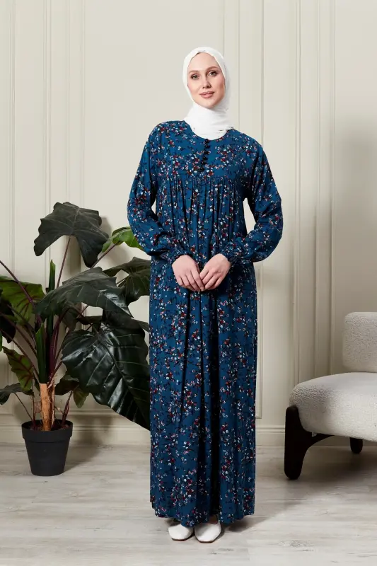 Büzgü Robadan Önü Düğmeli Viskon Kumaş Tessetür Giyim Anne Elbisesi Namaz Elbisesi-dal ve çiçek desenli mavi - 1