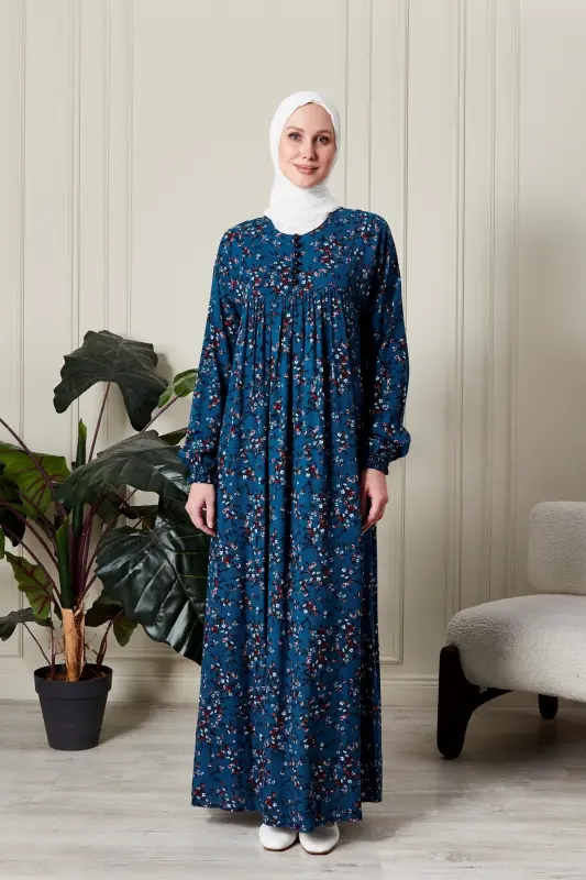 Büzgü Robadan Önü Düğmeli Viskon Kumaş Tessetür Giyim Anne Elbisesi Namaz Elbisesi-dal ve çiçek desenli mavi - 2