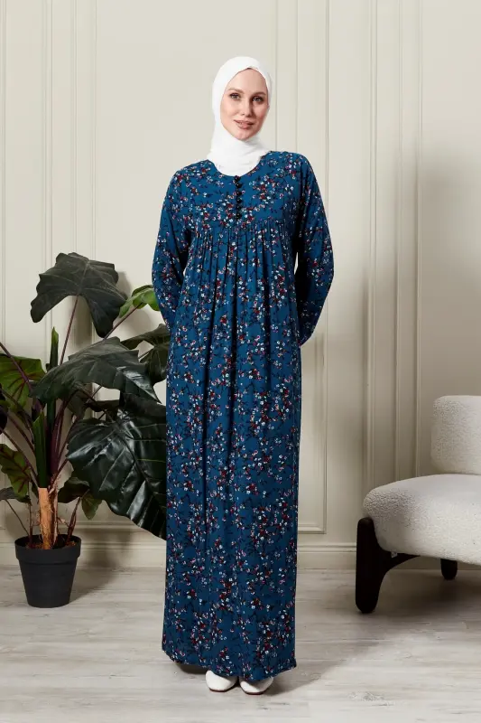 Büzgü Robadan Önü Düğmeli Viskon Kumaş Tessetür Giyim Anne Elbisesi Namaz Elbisesi-dal ve çiçek desenli mavi - 3
