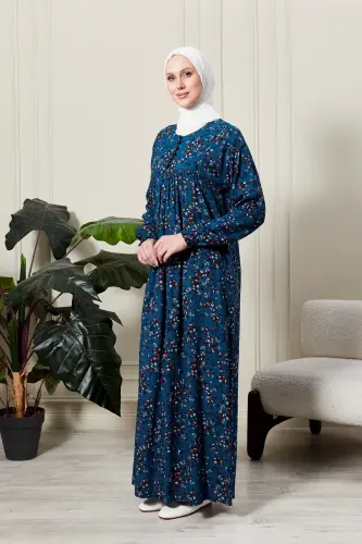 Büzgü Robadan Önü Düğmeli Viskon Kumaş Tessetür Giyim Anne Elbisesi Namaz Elbisesi-dal ve çiçek desenli mavi - 4