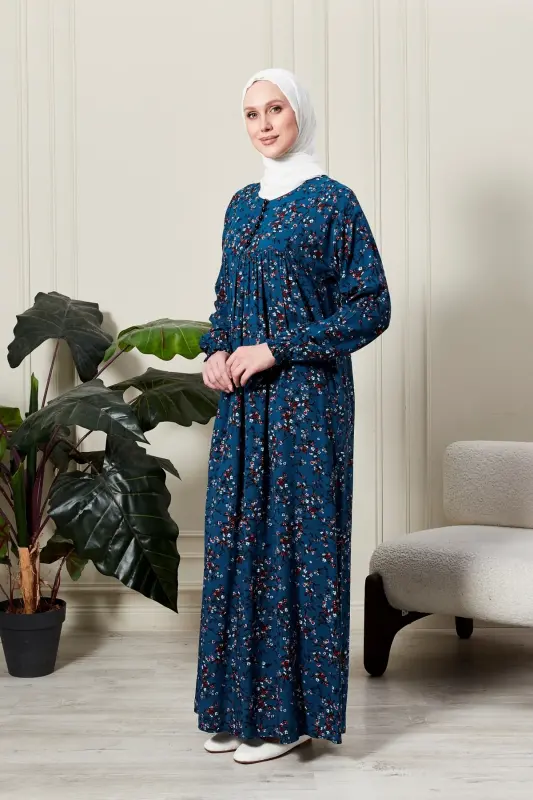 Büzgü Robadan Önü Düğmeli Viskon Kumaş Tessetür Giyim Anne Elbisesi Namaz Elbisesi-dal ve çiçek desenli mavi - 4