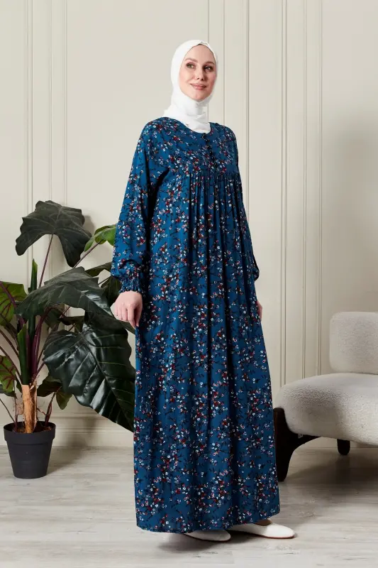 Büzgü Robadan Önü Düğmeli Viskon Kumaş Tessetür Giyim Anne Elbisesi Namaz Elbisesi-dal ve çiçek desenli mavi - 5