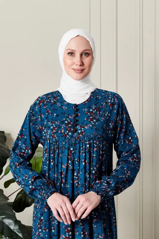Büzgü Robadan Önü Düğmeli Viskon Kumaş Tessetür Giyim Anne Elbisesi Namaz Elbisesi-dal ve çiçek desenli mavi - 6