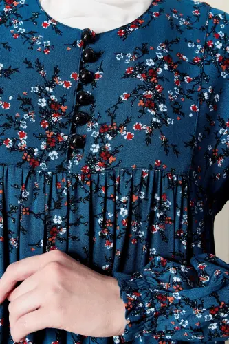 Büzgü Robadan Önü Düğmeli Viskon Kumaş Tessetür Giyim Anne Elbisesi Namaz Elbisesi-dal ve çiçek desenli mavi - 7