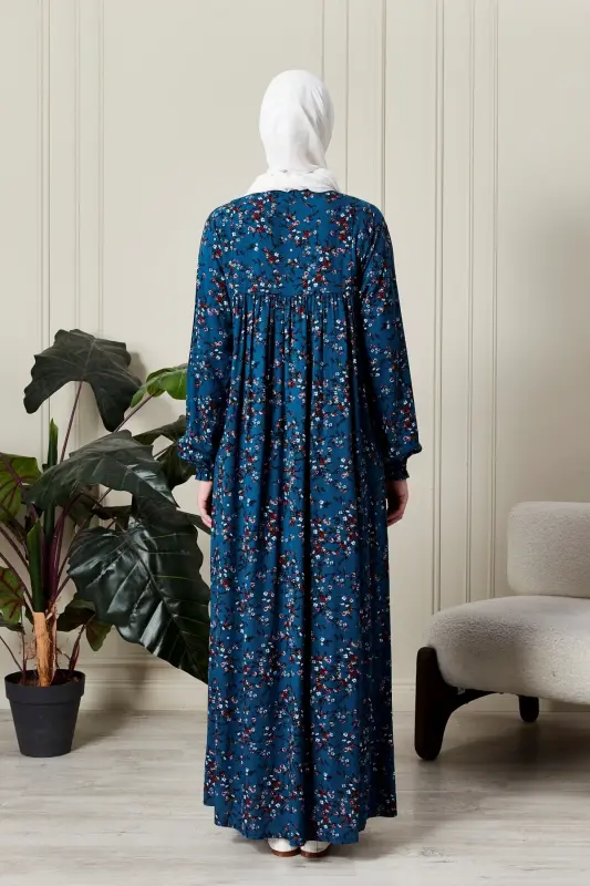 Büzgü Robadan Önü Düğmeli Viskon Kumaş Tessetür Giyim Anne Elbisesi Namaz Elbisesi-dal ve çiçek desenli mavi - 8