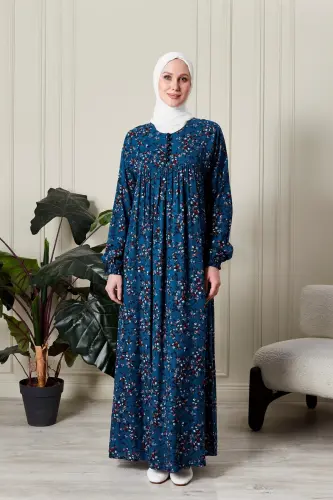 Büzgü Robadan Önü Düğmeli Viskon Kumaş Tessetür Giyim Anne Elbisesi Namaz Elbisesi-dal ve çiçek desenli mavi - FISTAN (1)