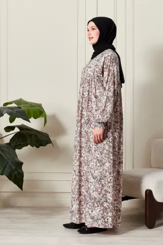 Büzgü Robadan Önü Düğmeli Viskon Kumaş Tessetür Giyim Anne Elbisesi Namaz Elbisesi-Doğa Desen Bej - 2