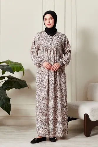 Büzgü Robadan Önü Düğmeli Viskon Kumaş Tessetür Giyim Anne Elbisesi Namaz Elbisesi-Doğa Desen Bej - 4