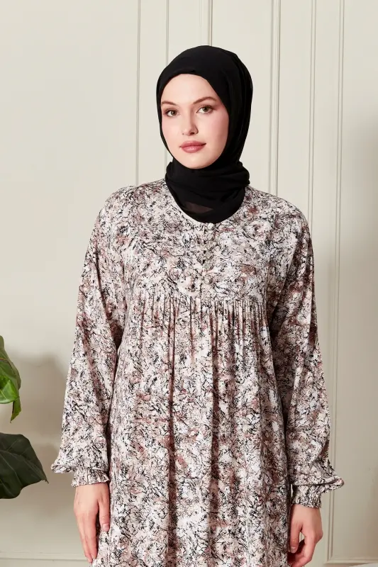 Büzgü Robadan Önü Düğmeli Viskon Kumaş Tessetür Giyim Anne Elbisesi Namaz Elbisesi-Doğa Desen Bej - 5