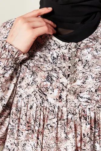 Büzgü Robadan Önü Düğmeli Viskon Kumaş Tessetür Giyim Anne Elbisesi Namaz Elbisesi-Doğa Desen Bej - 6