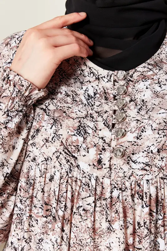 Büzgü Robadan Önü Düğmeli Viskon Kumaş Tessetür Giyim Anne Elbisesi Namaz Elbisesi-Doğa Desen Bej - 6