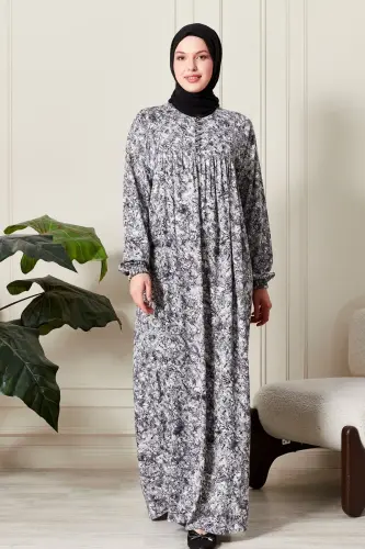 Büzgü Robadan Önü Düğmeli Viskon Kumaş Tessetür Giyim Anne Elbisesi Namaz Elbisesi-Doğa Desen Gri 
