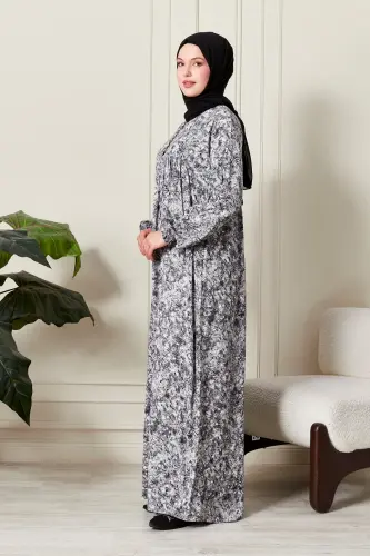 Büzgü Robadan Önü Düğmeli Viskon Kumaş Tessetür Giyim Anne Elbisesi Namaz Elbisesi-Doğa Desen Gri - FISTAN (1)