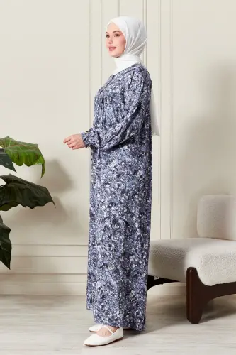 Büzgü Robadan Önü Düğmeli Viskon Kumaş Tessetür Giyim Anne Elbisesi Namaz Elbisesi - Doğa Desen Mavi - 2