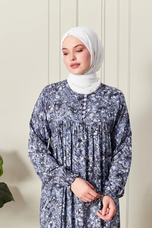 Büzgü Robadan Önü Düğmeli Viskon Kumaş Tessetür Giyim Anne Elbisesi Namaz Elbisesi - Doğa Desen Mavi - 5