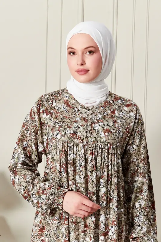 Büzgü Robadan Önü Düğmeli Viskon Kumaş Tessetür Giyim Anne Elbisesi Namaz Elbisesi-Doğa Desen Sarı - 5