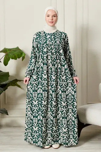 Büzgü Robadan Önü Düğmeli Viskon Kumaş Tessetür Giyim Anne Elbisesi Namaz Elbisesi-Etnik Desen Çimen Yeşil - FISTAN (1)
