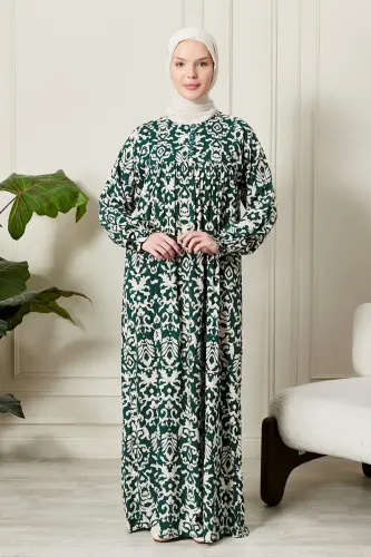 Büzgü Robadan Önü Düğmeli Viskon Kumaş Tessetür Giyim Anne Elbisesi Namaz Elbisesi-Etnik Desen Çimen Yeşil 