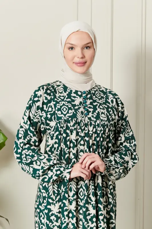 Büzgü Robadan Önü Düğmeli Viskon Kumaş Tessetür Giyim Anne Elbisesi Namaz Elbisesi-Etnik Desen Çimen Yeşil - 5