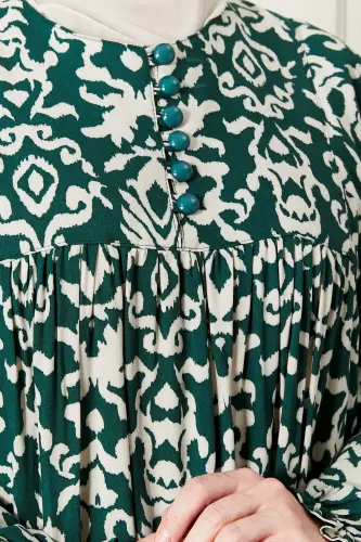 Büzgü Robadan Önü Düğmeli Viskon Kumaş Tessetür Giyim Anne Elbisesi Namaz Elbisesi-Etnik Desen Çimen Yeşil - 6