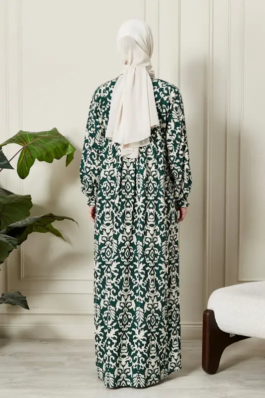 Büzgü Robadan Önü Düğmeli Viskon Kumaş Tessetür Giyim Anne Elbisesi Namaz Elbisesi-Etnik Desen Çimen Yeşil - 7