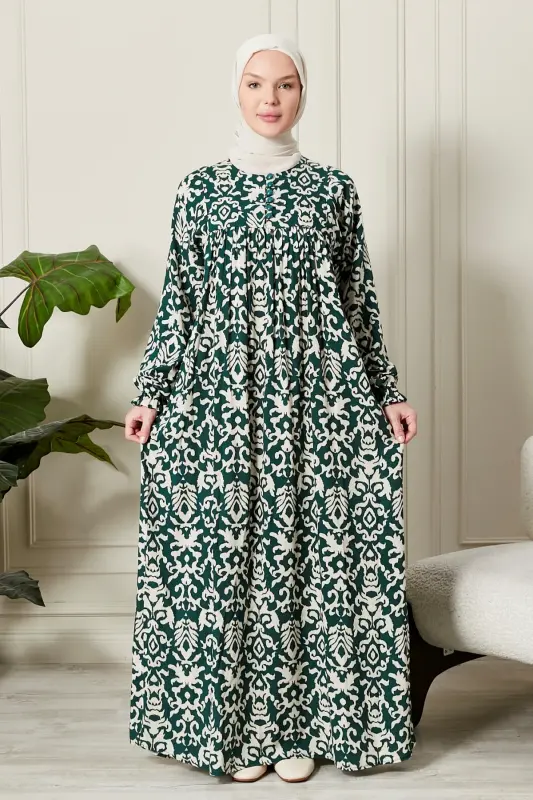 Büzgü Robadan Önü Düğmeli Viskon Kumaş Tessetür Giyim Anne Elbisesi Namaz Elbisesi-Etnik Desen Çimen Yeşil - 2