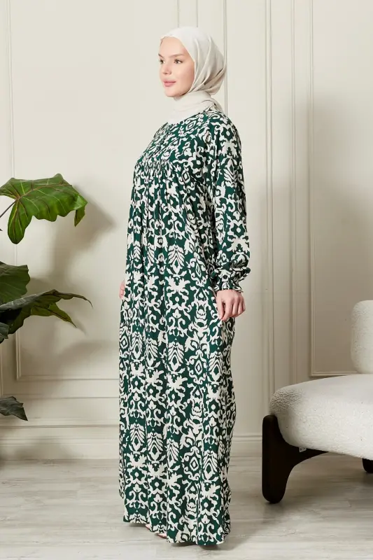 Büzgü Robadan Önü Düğmeli Viskon Kumaş Tessetür Giyim Anne Elbisesi Namaz Elbisesi-Etnik Desen Çimen Yeşil - 3