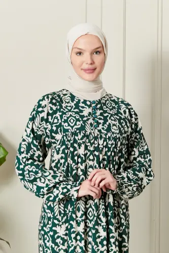Büzgü Robadan Önü Düğmeli Viskon Kumaş Tessetür Giyim Anne Elbisesi Namaz Elbisesi-Etnik Desen Çimen Yeşil - 5