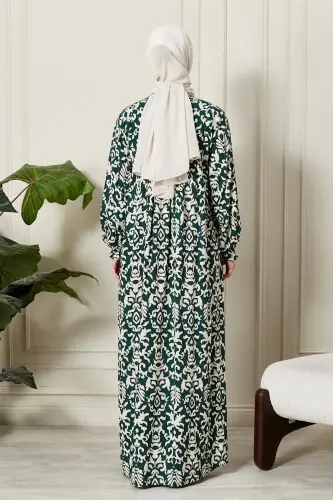 Büzgü Robadan Önü Düğmeli Viskon Kumaş Tessetür Giyim Anne Elbisesi Namaz Elbisesi-Etnik Desen Çimen Yeşil - 7