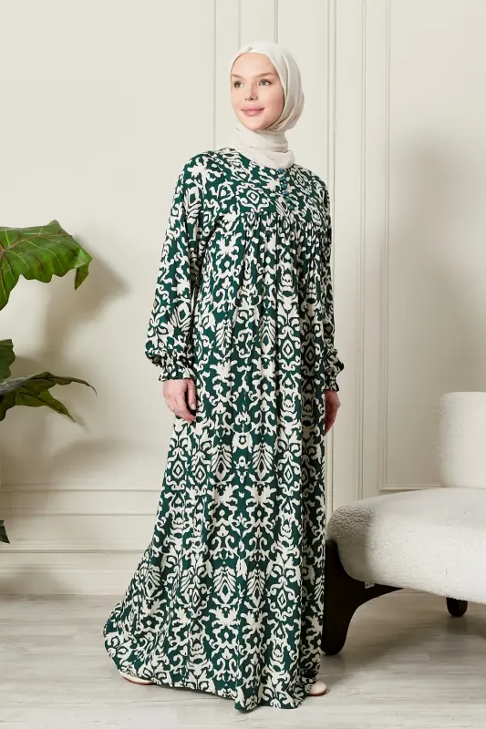 Büzgü Robadan Önü Düğmeli Viskon Kumaş Tessetür Giyim Anne Elbisesi Namaz Elbisesi-Etnik Desen Çimen Yeşil - 4