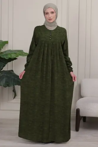 Büzgü Robadan Önü Düğmeli Viskon Kumaş Tessetür Giyim Anne Elbisesi Namaz Elbisesi - Haki düz - FISTAN (1)