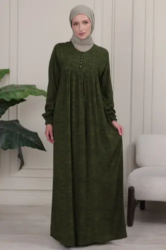 Büzgü Robadan Önü Düğmeli Viskon Kumaş Tessetür Giyim Anne Elbisesi Namaz Elbisesi - Haki düz - 5