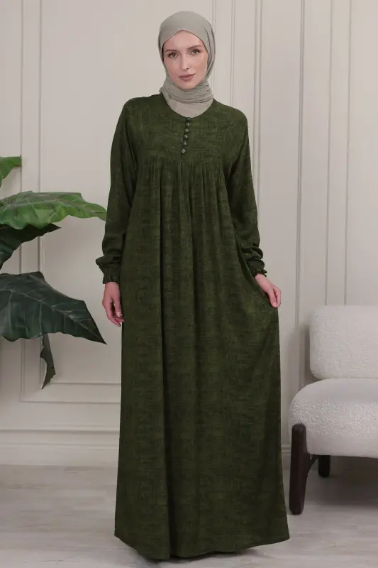Büzgü Robadan Önü Düğmeli Viskon Kumaş Tessetür Giyim Anne Elbisesi Namaz Elbisesi - Haki düz - 5
