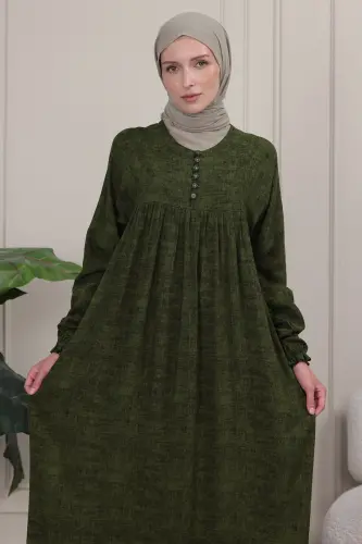 Büzgü Robadan Önü Düğmeli Viskon Kumaş Tessetür Giyim Anne Elbisesi Namaz Elbisesi - Haki düz - 7