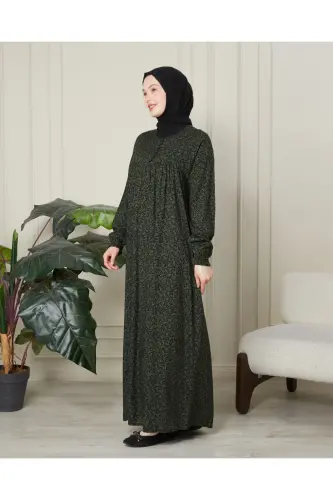 Büzgü Robadan Önü Düğmeli Viskon Kumaş Tessetür Giyim Anne Elbisesi Namaz Elbisesi - Haki İnce Şal Desen - 3