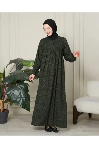 Büzgü Robadan Önü Düğmeli Viskon Kumaş Tessetür Giyim Anne Elbisesi Namaz Elbisesi - Haki İnce Şal Desen - 5