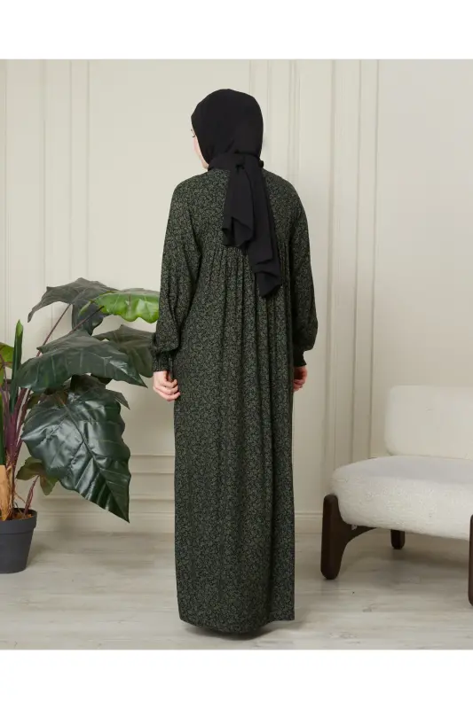 Büzgü Robadan Önü Düğmeli Viskon Kumaş Tessetür Giyim Anne Elbisesi Namaz Elbisesi - Haki İnce Şal Desen - 8