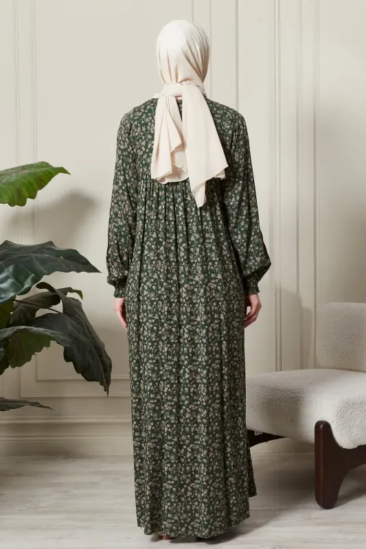 Büzgü Robadan Önü Düğmeli Viskon Kumaş Tessetür Giyim Anne Elbisesi Namaz Elbisesi - Haki15 - 7