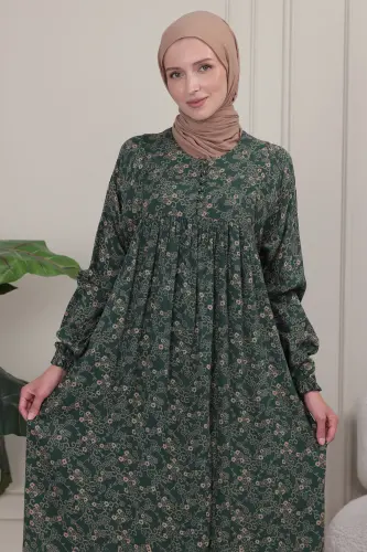 Büzgü Robadan Önü Düğmeli Viskon Kumaş Tessetür Giyim Anne Elbisesi Namaz Elbisesi - Haki26 - 6