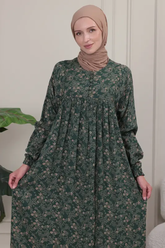 Büzgü Robadan Önü Düğmeli Viskon Kumaş Tessetür Giyim Anne Elbisesi Namaz Elbisesi - Haki26 - 6