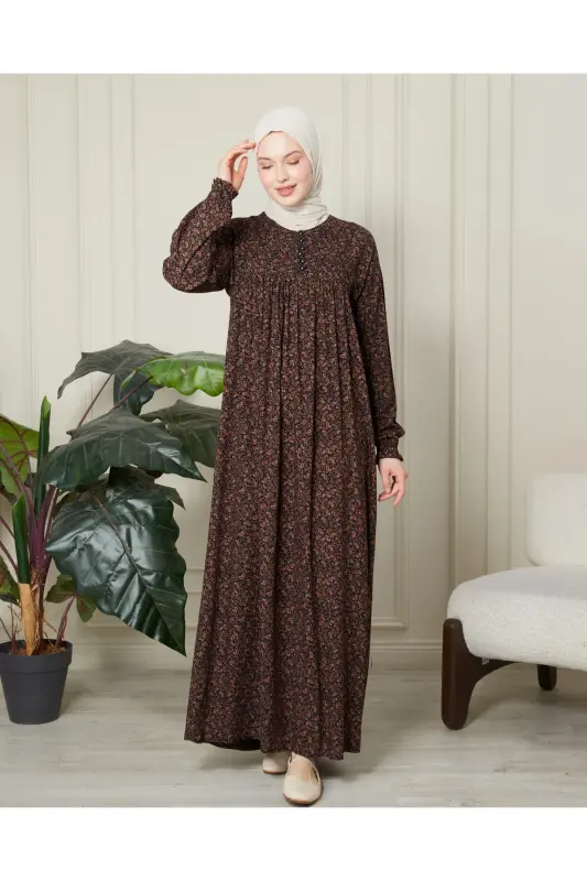 Büzgü Robadan Önü Düğmeli Viskon Kumaş Tessetür Giyim Anne Elbisesi Namaz Elbisesi - Kahverengi İnce Şal Desen - 3