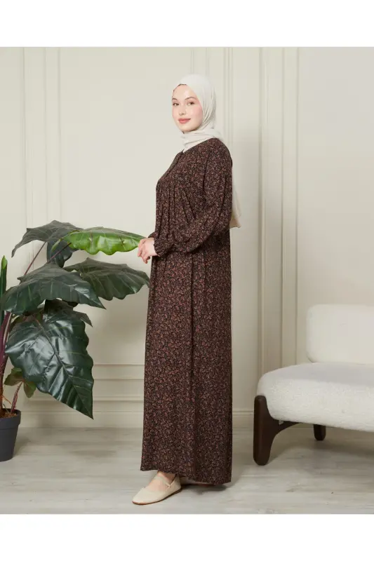 Büzgü Robadan Önü Düğmeli Viskon Kumaş Tessetür Giyim Anne Elbisesi Namaz Elbisesi - Kahverengi İnce Şal Desen - 5