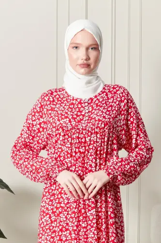 Büzgü Robadan Önü Düğmeli Viskon Kumaş Tessetür Giyim Anne Elbisesi Namaz Elbisesi - Kırmızı21 - 6